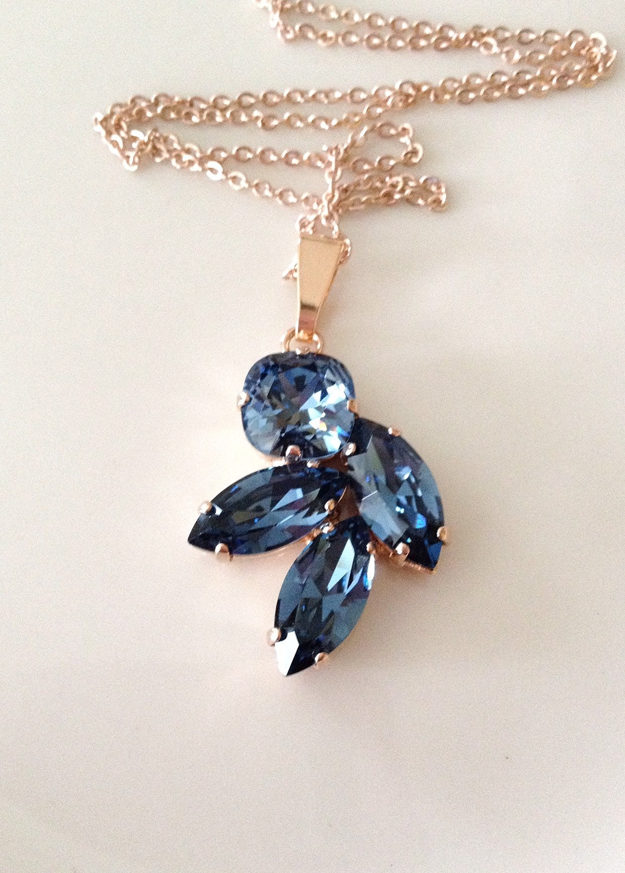 Navy blue Swarovski crystal necklace, crystal leaf necklace, rose gold, bridal, rhinestone necklace, vintage wedding, something blue, blue Navy blue Swarovski crystal necklace, crystal leaf necklace, rose gold, bridal, rhinestone necklace, vintage wedding, something blue, blue