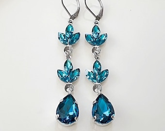 Rich teal blue crystal earrings, crystal leaf earrings, chandelier, pear, teardrop, teal and silver long earrings, bridesmaid gift, blue