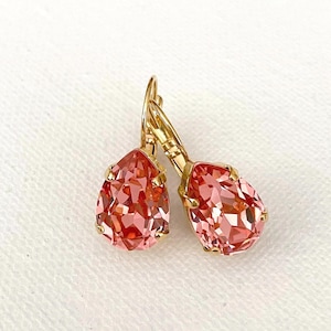 Rose Peach Swarovski pear crystals, Coral earrings, rhinestone drop earrings, vintage wedding, bridal, simple earrings