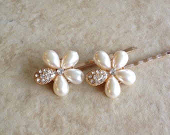 Rose gold large pearl hair pins, pair, bobby pins, hair jewelry, wedding, hair slide, bridesmaid, gift, bridal, flower, floral, pearl, gift