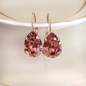 Swarovski Blush Rose crystal teardrop earrings, pear, simple, rhinestone drop earrings, vintage wedding, bridal earrings, light burgundy