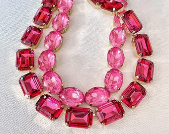 Swarovski Dahlia and Czech rich pink necklace stack, layering necklaces, Anna Wintour, collet, riviere, Statement Necklaces, Millenia, pink