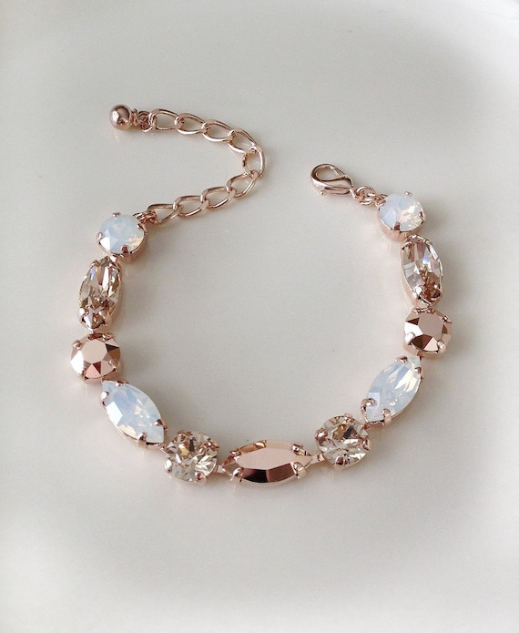 Pale Champagne White Opal Rose Gold Crystal Bracelet Bridal Tennis Bracelet Rhinestone Bracelet Bridesmaid Gift White Etsy