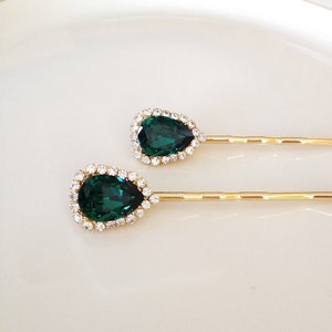 Emerald green pear halo crystal hair pins, juniper hair accessory, crystal, rhinestone, bridesmaid gift, bridal hair pins, forest green