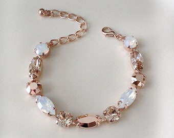 Pale champagne, white opal, rose gold crystal bracelet, bridal, tennis bracelet, rhinestone bracelet, bridesmaid gift, white