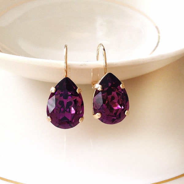 Plum crystal teardrop earrings, rhinestone drop earrings, vintage wedding, bridal earrings, simple earrings, purple, eggplant