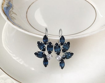 Navy blue crystal leaf earrings, wedding earrings, rhinestone leaf earrings, bridal, bridesmaid gifts, something blue, sapphire