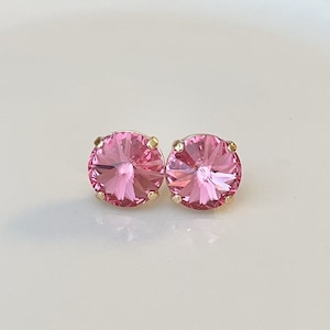 12mm Rose pink crystal earrings, Swarovski crystal, Clip On OR Post rhinestone earrings, bridal earrings, simple bridesmaid jewelry, minimal