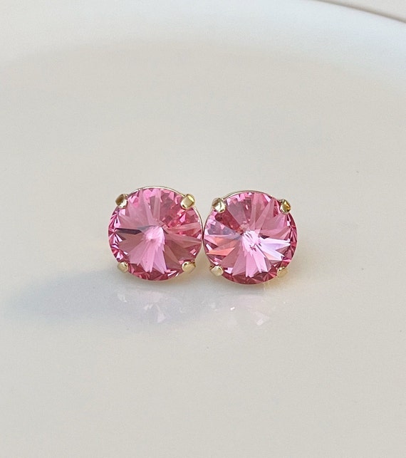 12mm Rose pink crystal earrings Swarovski crystal Clip On OR Post rhinestone earrings bridal earrings simple bridesmaid jewelry minimal Etsy
