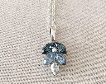 Dusty blue, Steel blue, crystal leaf necklace, crystal leaf pendant, layering necklace, bridesmaid gift, something blue, bridal, vintage