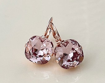 12mm Light Mauve cushion cut crystal earrings, bridal earrings, lever back, rhinestone drops, bridesmaid gift, mauve