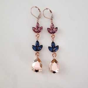 Navy blue Burgundy Rose Gold crystal earrings, crystal leaf earrings, chandelier, pear, long earrings, bridesmaid gift, blue