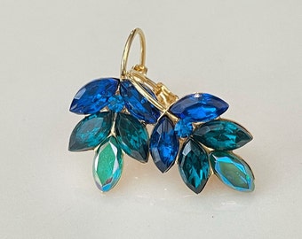 Cobalt blue, teal, emerald green ombré crystal leaf earrings, bridesmaid gift, crystal leaf earrings, rhinestone, drop, something blue