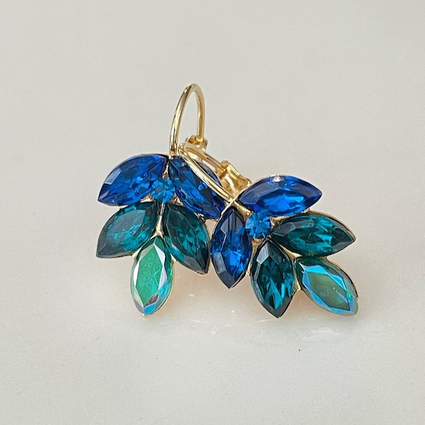 Cobalt blue, teal, emerald green ombré crystal leaf earrings, bridesmaid gift, crystal leaf earrings, rhinestone, drop, something blue