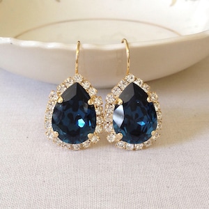New smaller size!  Navy blue earrings, halo, crystal drops, tear drop, pear, vintage wedding, sapphire, bridesmaid gift, dark blue