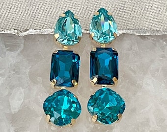 Shades of teal long crystal earrings, LONG earrings, Bridal, bridesmaid, old Hollywood, bridesmaid gift, something blue earrings