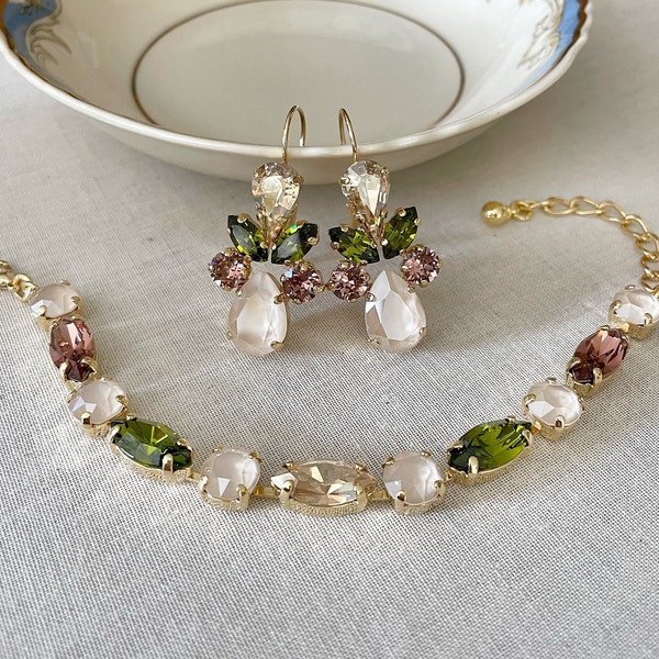 Ivory cream Olive Champagne Blush crystal bracelet, long earrings, bridesmaid gift, Swarovski crystal, bracelet, ivory cream, Autumn, set