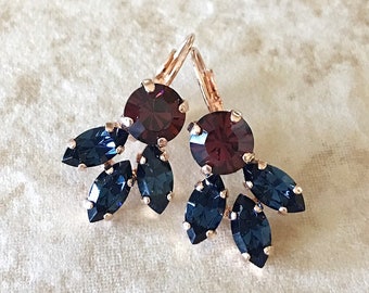 Burgundy and Navy blue crystal earrings, crystal leaf earrings, marquis, drop earrings, bridesmaid gift, something blue, wine