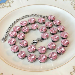 Swarovski 12mm round Light Rose crystal necklace, pink bridesmaid gift, large statement tennis necklace, collet, Anna Wintour