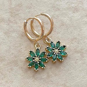 Green earrings, flower hoops, huggie hoops, bridesmaid gift, crystal flower earrings, rhinestone, drop, emerald green, flower drop earrings