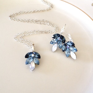 Set: Steel blue, light sapphire blue, white opal earrings and necklace set, ombré, something old something blue, slate blue, bridesmaid gift