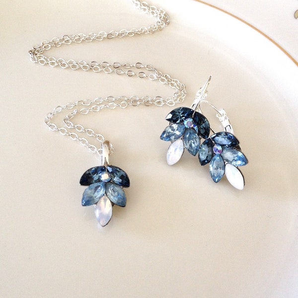 Set: Steel blue, light sapphire blue, white opal earrings and necklace set, ombré, something old something blue, slate blue, bridesmaid gift