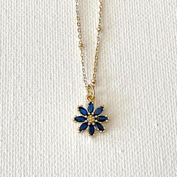 Navy blue flower necklace, something blue, bridesmaid gift, crystal flower necklace, blue flower necklace, botanical, nature inspired