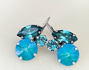 Teal earrings, Something blue ombré earrings, Swarovski crystal, bridal, bridesmaid gift, crystal cluster drop earrings,