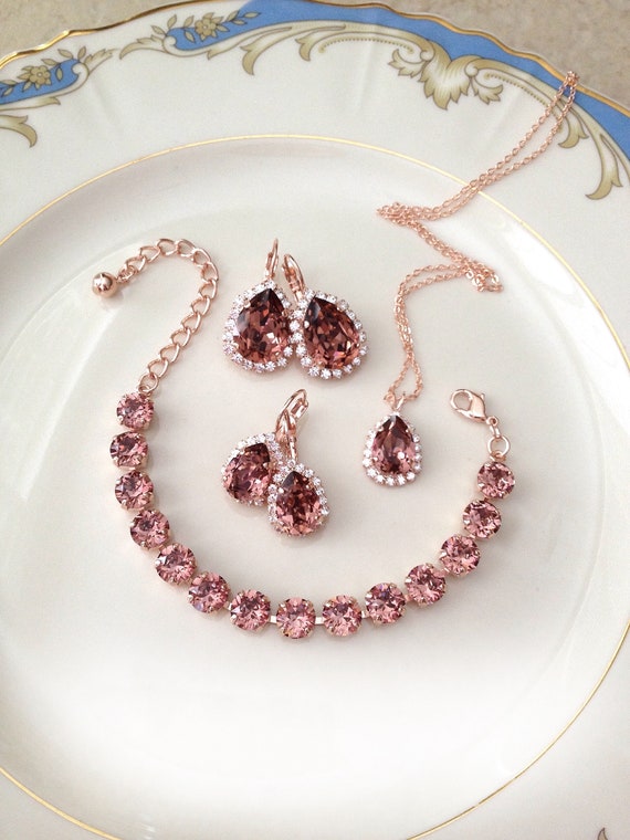 The Set Light Burgundy Necklace Earrings Bracelet Halo Crystal Teardrop Pear Vintage Wedding Wine Bordeaux Bridesmaid Gift Etsy