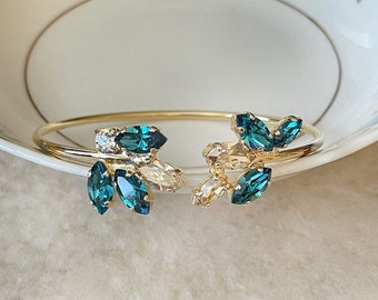 Champagne Teal crystal bracelet, bridal bracelet, Wedding jewelry, wedding bracelet, open bangle, bridesmaid gift, something blue