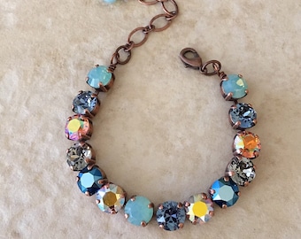 Denim Blue Pacific Opal Bracelet, Crystal Bracelet, Aqua, blue, navy blue, orange, tangerine charm bracelet, bracelet