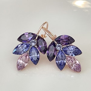 Purple ombré leaf drop earrings, Swarovski crystal, leaf earrings, bridal earrings, bridesmaid gift, Fall Autumn wedding