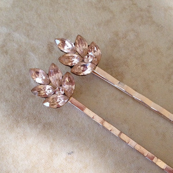 Morganite pink crystal hair pins, hair accessories, blush wedding, bridal hair, bridesmaid gift, rose gold, silver, gold, bobby pins