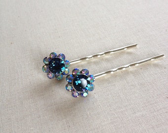 Navy blue crystal cluster hair pin, flower, crystal, jewelry, bridal, something blue, bridesmaid gift, bobby pins, pair, blue, dark blue