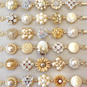1 Vintage wedding bracelet, gold, pearl, rhinestone, vintage, floral, gold, silver, repurposed jewelry, vintage cluster earring bracelet image 6