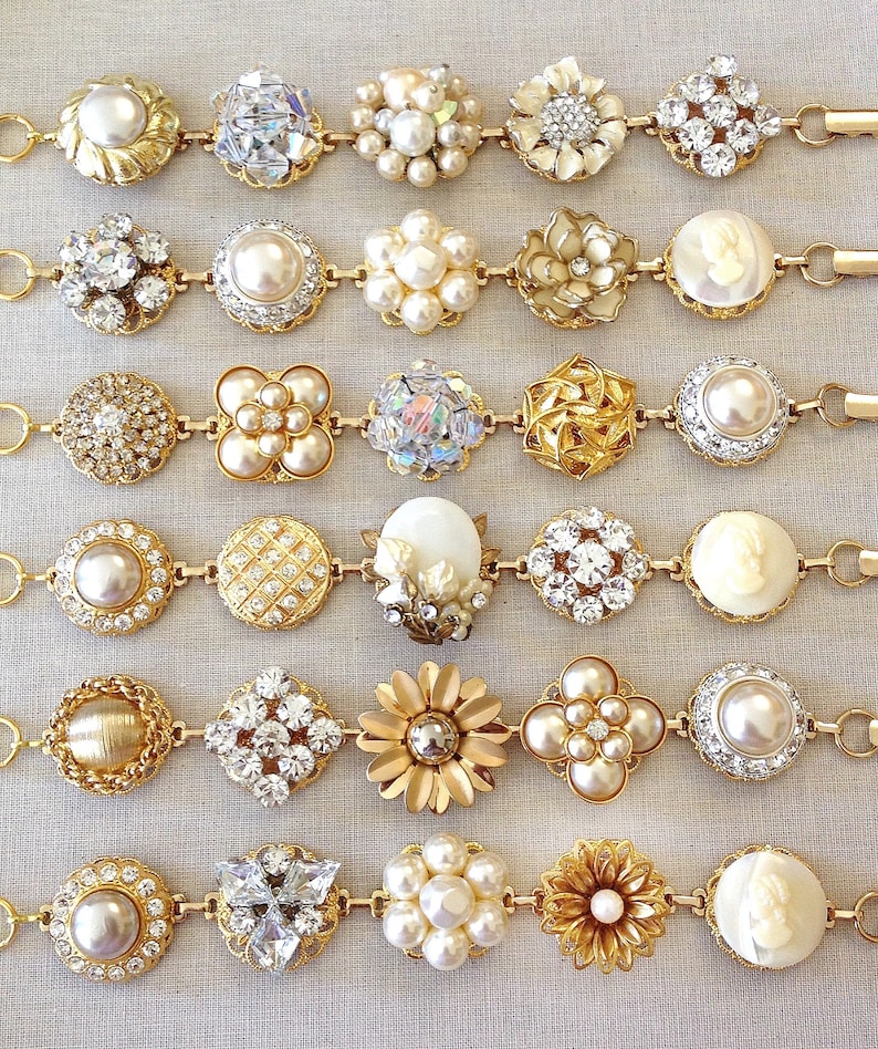 1 Vintage wedding bracelet, gold, pearl, rhinestone, vintage, floral, gold, silver, repurposed jewelry, vintage cluster earring bracelet image 6