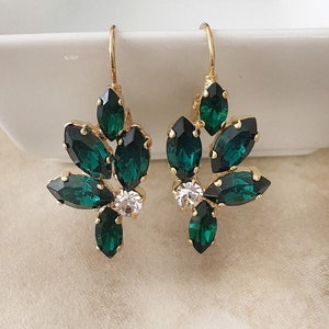 Emerald green crystal leaf earrings, juniper earrings, rhinestone leaf earrings, bridal earrings, wedding jewelry, bridesmaid gift