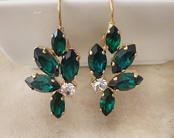 Emerald green crystal leaf earrings, juniper earrings, rhinestone leaf earrings, bridal earrings, wedding jewelry, bridesmaid gift