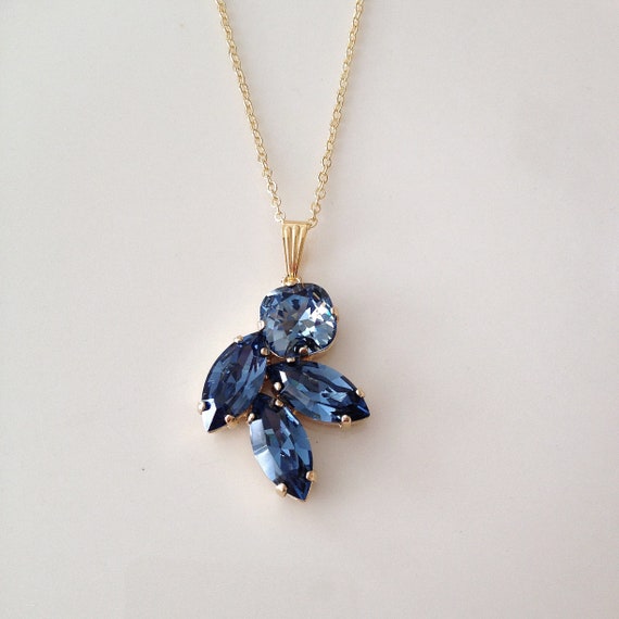 Navy blue Swarovski crystal necklace crystal leaf necklace | Etsy