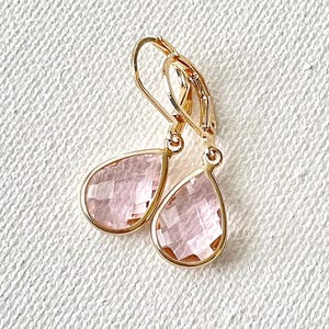 Pink crystal teardrop earrings, dainty dangle earrings, bridesmaid gift, light pink teardrop earrings, pink and gold earrings