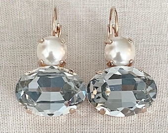 LARGE dusty blue and pearl crystal drop earrings, something blue wedding jewelry, bridal jewelry, bridesmaid gift, oval, round