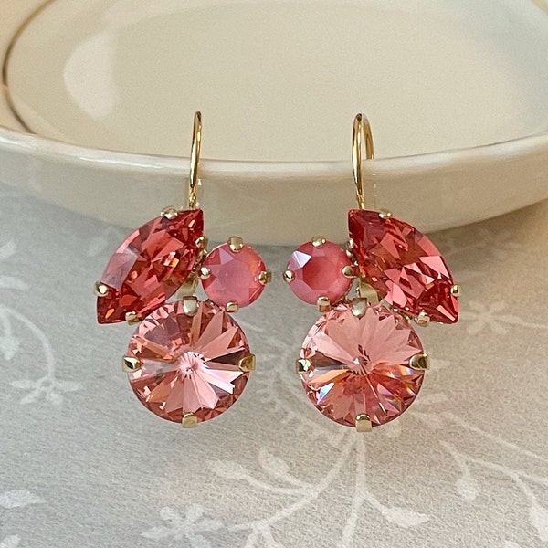 Coral crystal cluster drop earrings, Shades of coral, bridal earrings, bridesmaid gift, coral drop earrings