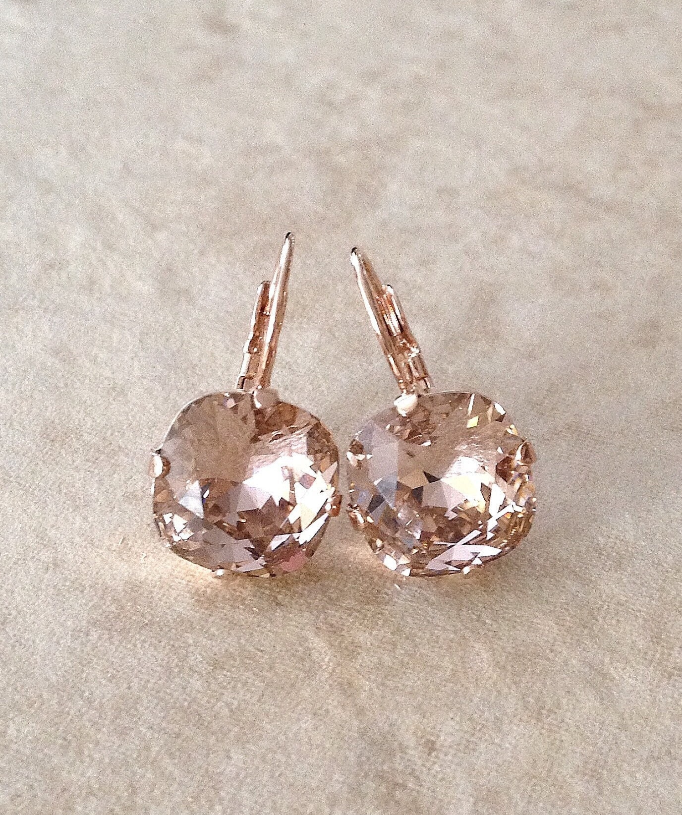 Swarovski Morganite pink 12mm cushion cut crystal earrings, blush, pink, rose gold, silver, dangle, drop, bridal, rose quartz