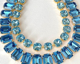 Teal Statement Necklaces, Swarovski Aquamarine 12mm cushion cut and 18x13mm Recreated Ice Blue rectangle, something blue, Anna Wintour style