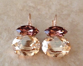 Champagne and light burgundy LARGE crystal drop earrings, Swarovski crystal, wedding jewelry, bridal jewelry, bridesmaid gift, oval, marquis