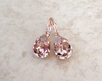 Morganite pink crystal teardrop earrings, Swarovski crystal rhinestone drop earrings, vintage wedding, bridal, french rose, dusty rose, pink