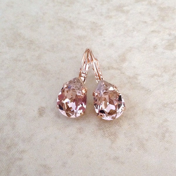 Morganite pink crystal teardrop earrings, Swarovski crystal rhinestone drop earrings, vintage wedding, bridal, french rose, dusty rose, pink