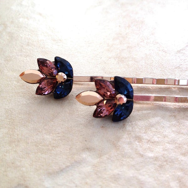 Navy blue rose gold crystal leaf bobby pins, rose gold, pair, set, rhinestone, hair pins, rustic wedding, bridesmaid gift, bridal