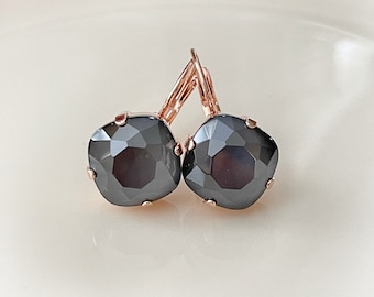 12mm Charcoal Gray cushion cut crystal earrings, bridal earrings, lever back, rhinestone drops, gray and rose gold earrings