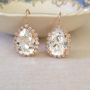 Pear cut crystal halo drop earrings, rhinestone drops, tear drop, pear, vintage wedding, rose gold, bridal earrings, bridesmaid gift